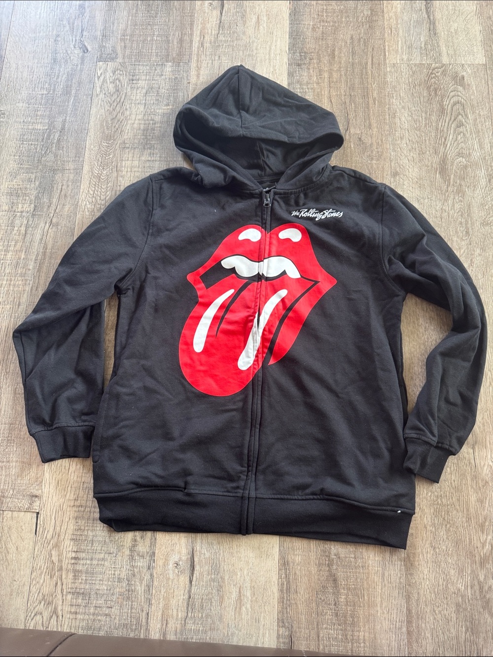 the Rolling Stones Black Hoodie with Red Tongue Graphic